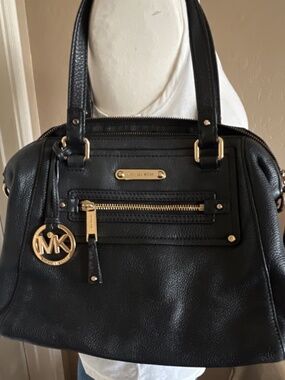 Michael Kors Black Pebbled Satchel Gold Hardware with Bag Charm